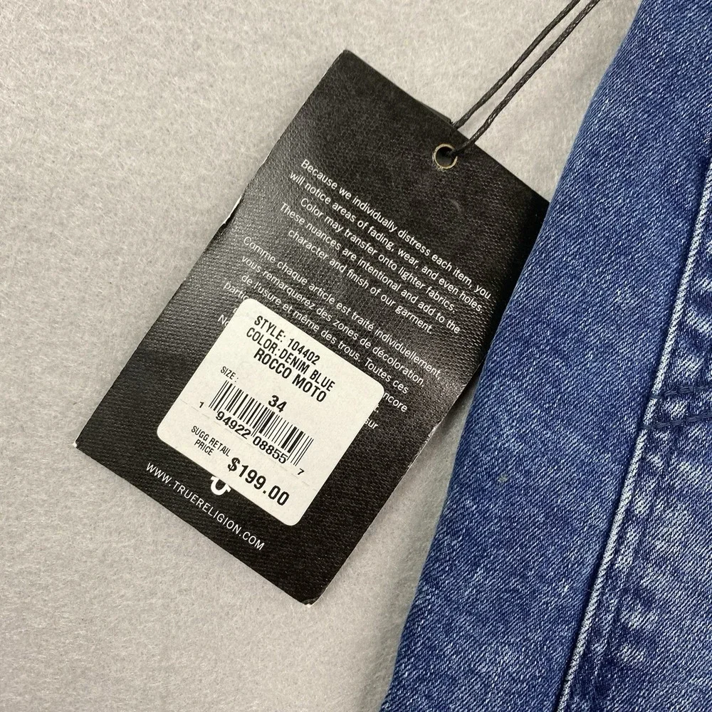 True Religion Jeans Mens 34 Blue Denim Pants Rocco Relaxed Skinny Moto Biker
